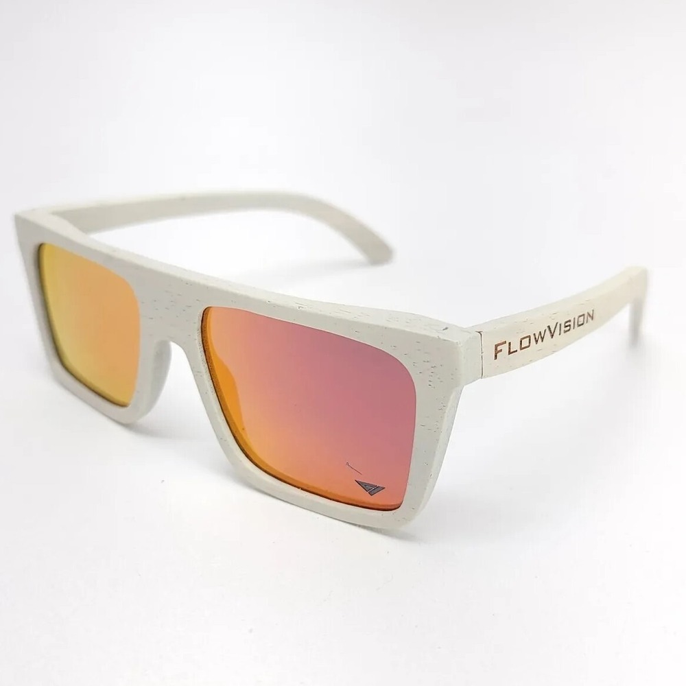 FlowVision Square‎ Flat Top Sunglasses White Wood Grain Texture Orange Mirrored